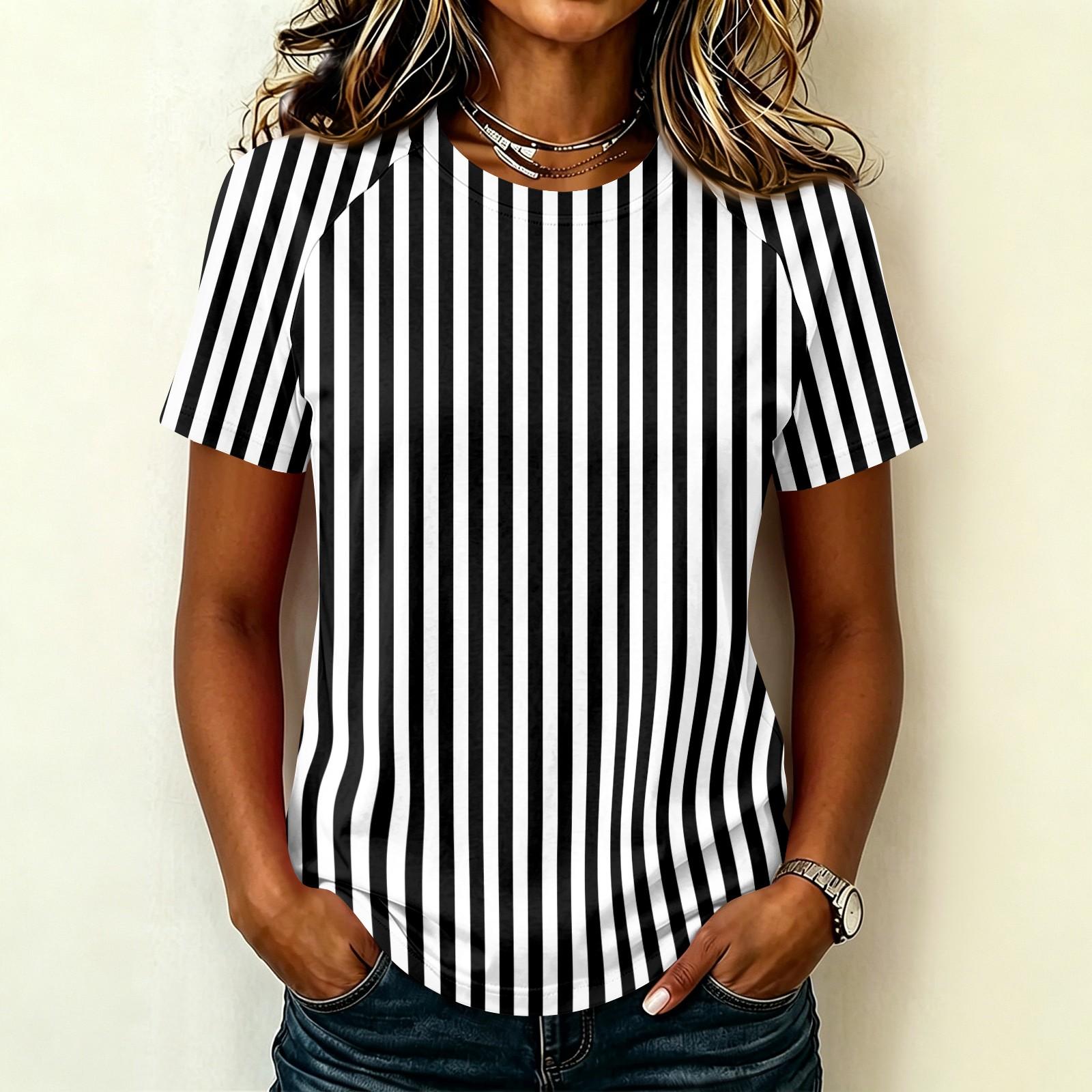Women s Casual Short Sleeve Raglan Sleeve Top Striped Printed Crew Neck Lightweight Summer Shirt L чёрный