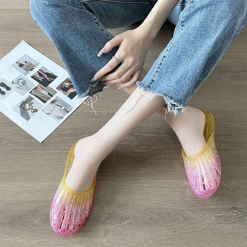 Women's Summer Crystal Toe Cover Non-Slip Jelly Flat Sandals for Outdoors and Home
