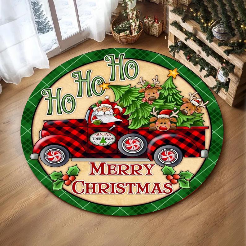 Christmas Ornaments Round Rug Merry Christmas Santa Rudolph Riding Home Mat  Living Room Decor Sofa Rug Festival Event Carpet