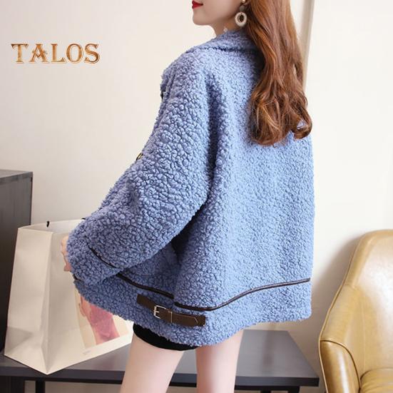 Zimowy damski płaszcz jednorzędowy kołnierz wykładany długie rękawy luźny gruby pluszowy kieszenie pasek ozdobny wiatroszczelna ciepła kurtka