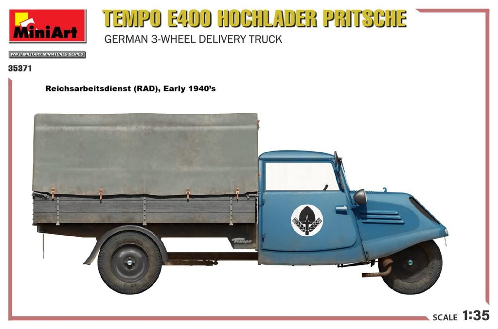 Miniart 1/35 Scale German Tempo E400 High Loader Flatbed Delivery Van, Three-Wheel Plastic Model, Model MA35371