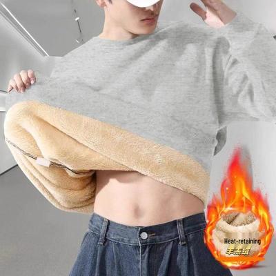Men's Lamb Wool Fleece-Lined Crewneck Sweatshirt – Thick, Durable, Warm Pullover Base Layer.