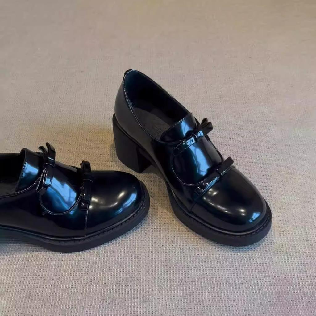 Cowhide version~ leather bow small leather shoes women's British style one-pedal high-heeled French single shoes platform loafers