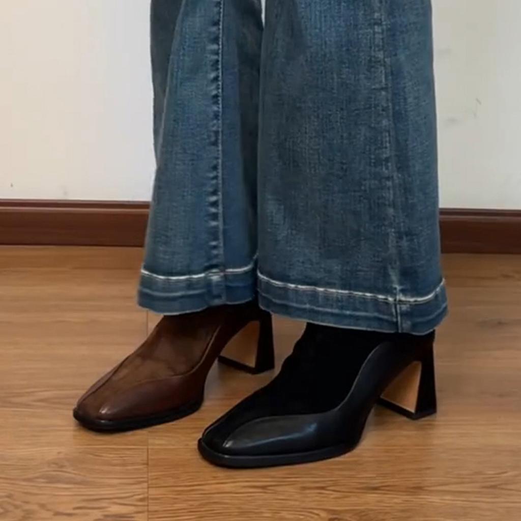 Vintage Splicing Elastic Skinny Boots Women's Versatile Square Head Rear Zipper Martin Boots