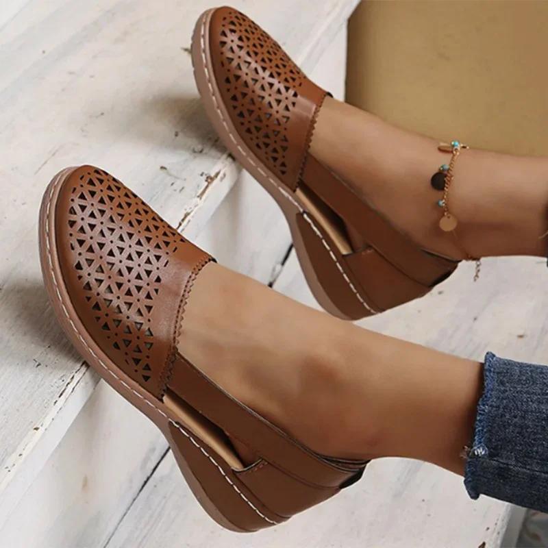 Rimocy Pink Leather Hollow Out Loafers Women 2025 Autumn Slip On Wedges Sneakers Women Plus Size 35-44 Casual Flats Shoes Woman