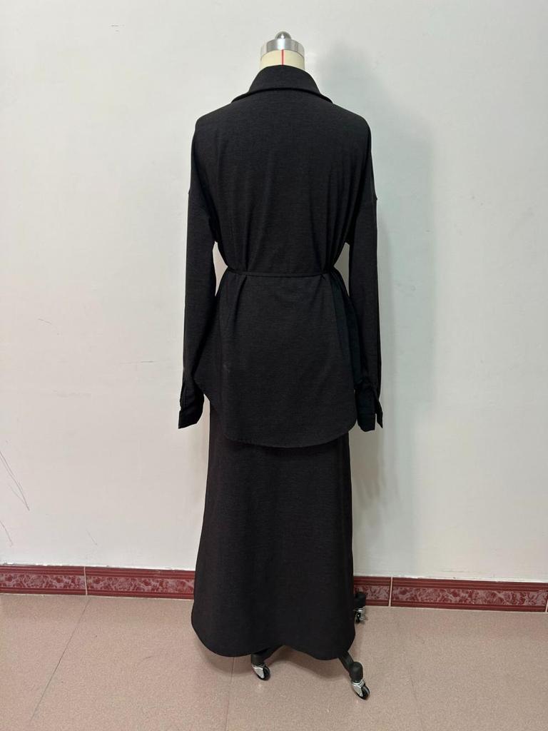 European & American Women's Belted Cardigan Dress Set - Solid Color, Gentle Style, Autumn 2025 Collection