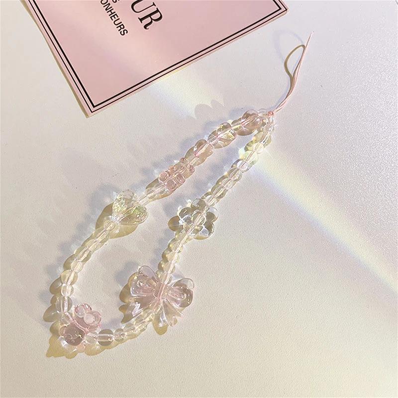 

Korean Pink Butterfly Flower Phone Strap Charm Chain Knot Cellphone Lanyard Keychain Woman Girl Bag Camera Pendant For Case Bow рожевий