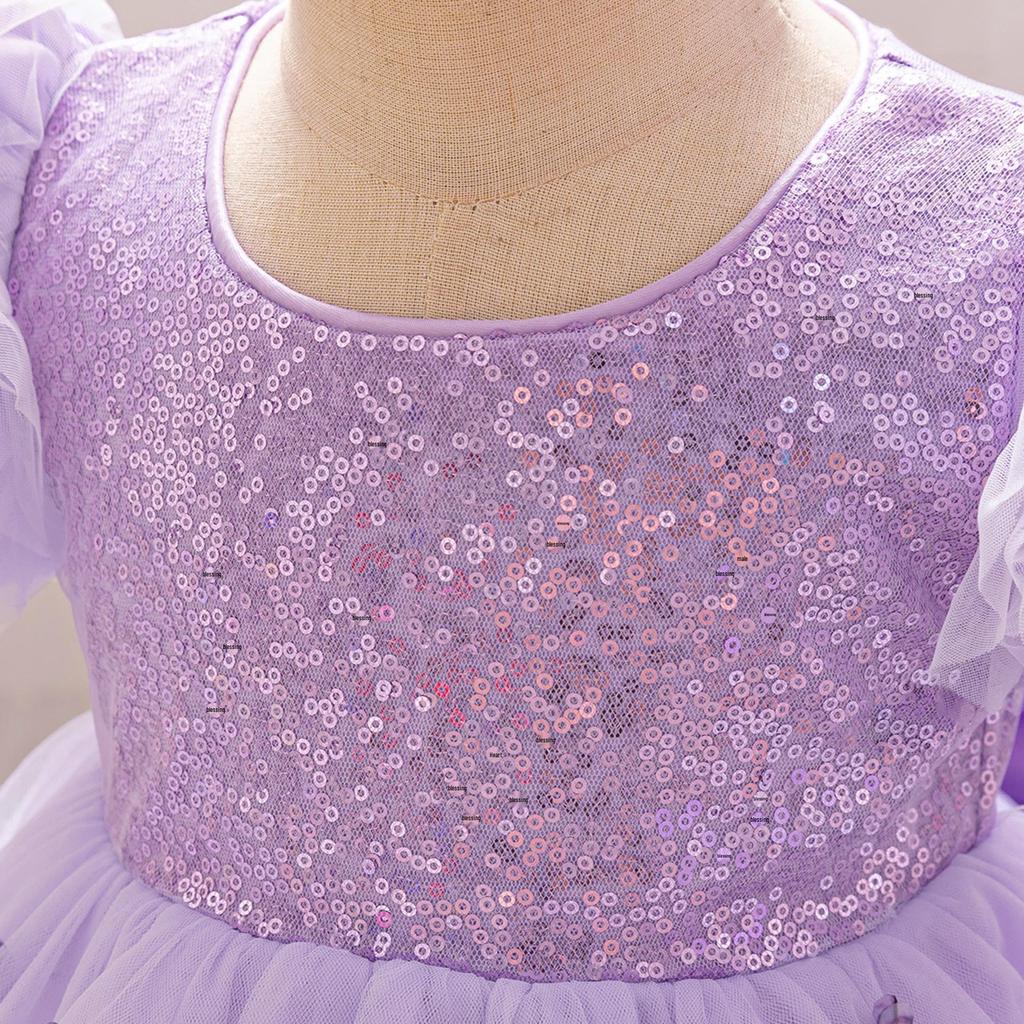 Purple Mesh Butterfly Princess Dress with Puffy Bubble Sleeves for Girls