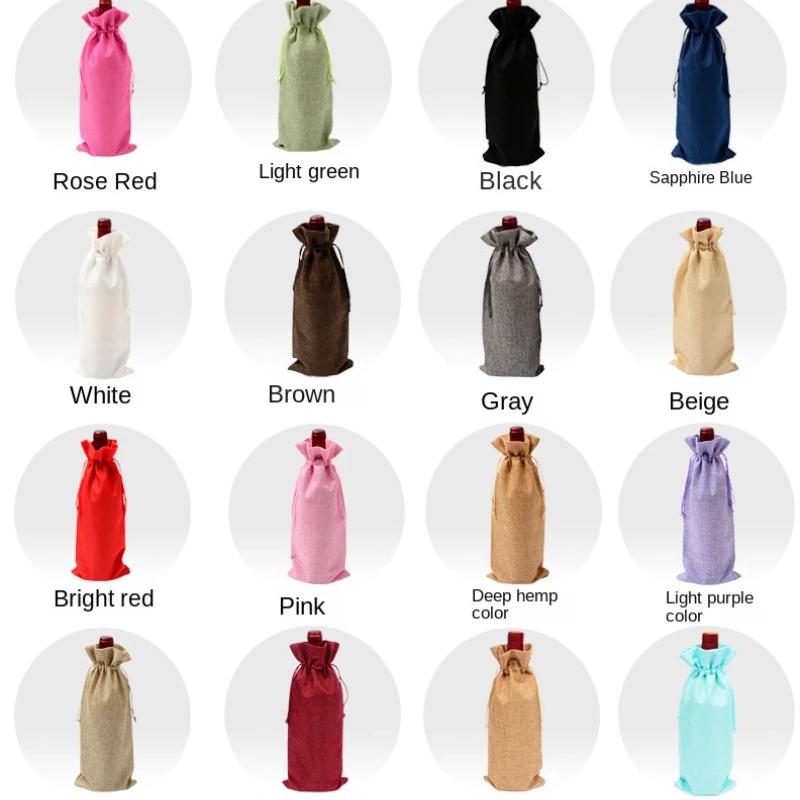 10pcs Christmas New Year Party Champagne Red Wine Drawstring Linen Wine Bottle Packaging Bags Decor Gift Supplies