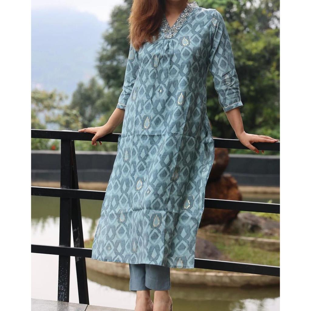 Indian Top Tunic Cotton Kurta Pant Set Women Party Wear Bollywood Ethnic Kurti VF-20247a