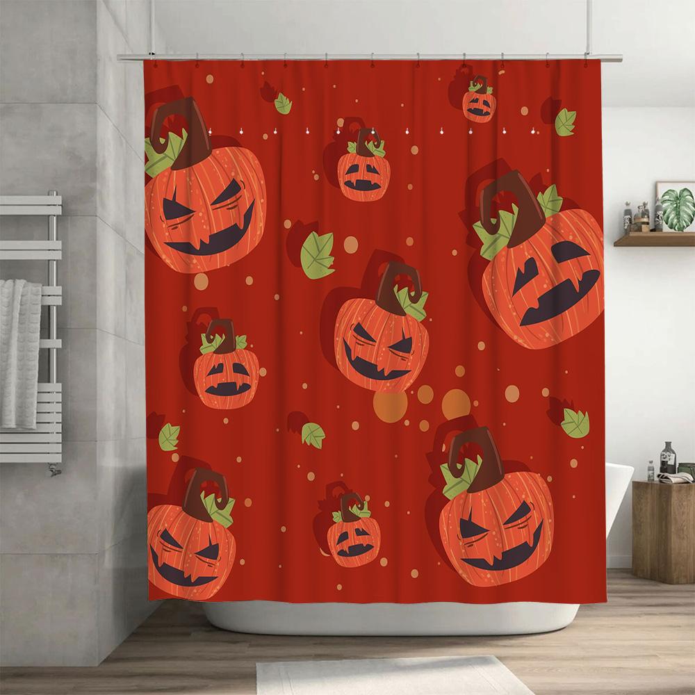 Spooky Halloween Pumpkin Shower Curtain Set for Bathrooms Decorative Fall Bathroom Liner with Red and Green Leaves Pattern