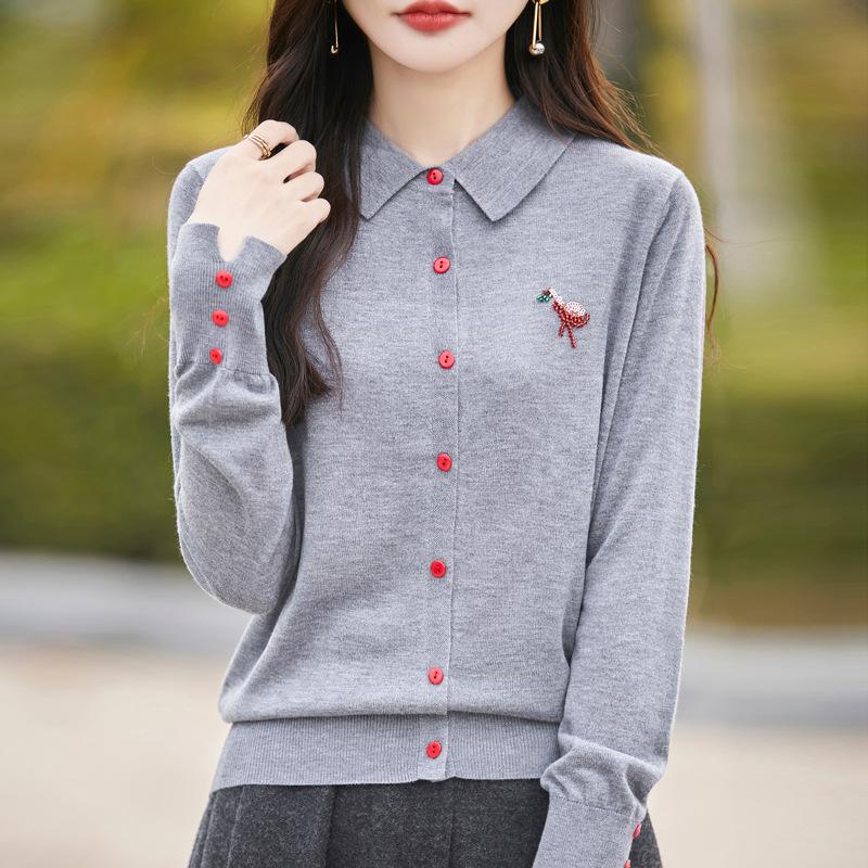 Spring New POLO Knitted Cardigan Flamingo Hot Diamond Cuffs Slit Top