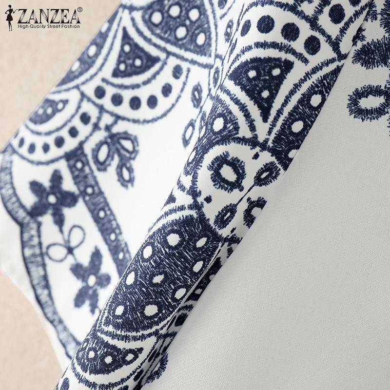 ZANZEA Damen Druck Lässig Sommer V-Ausschnitt Kurzarm Schnürbluse