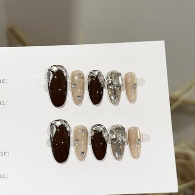 Women Press‑On Nails Pure‑Handmade Autumn Winter Brown Gold Cat Eye Piled Rhinestone Sparkling European‑American False Nail Patches