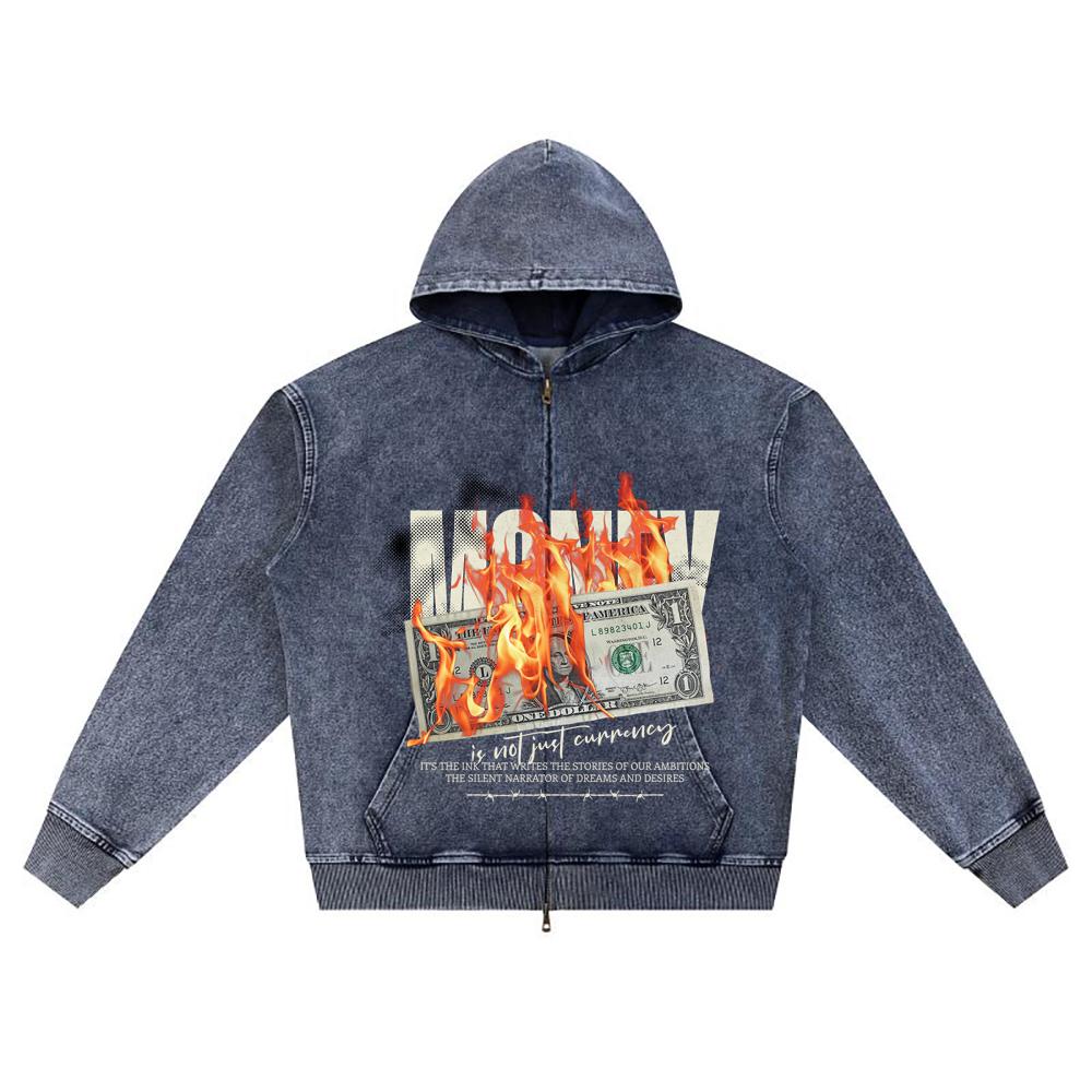 DTG print Knitted Denim Zip-Up Hoodie Money Power Brother Print Zipper Hoodies