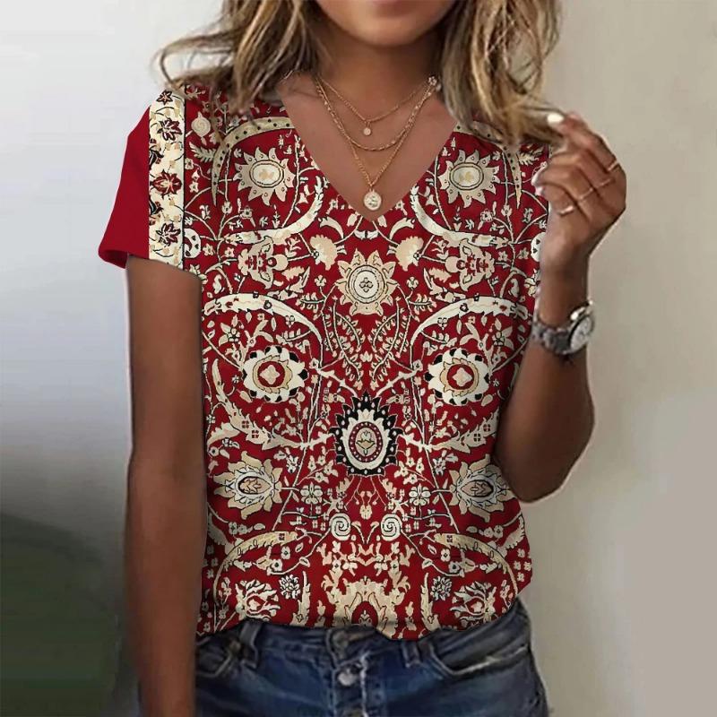 2024 Summer Breathable Comfortable Vintage 3D Floral Print V Neck Shirt Daily Home Short Sleeve T-Shirt Plus Size Women's Tops