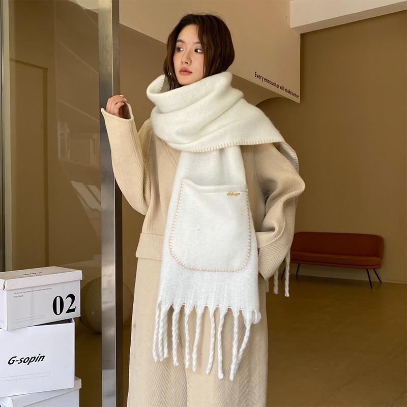 Luxury Cashmere Solid Colors Women Pocket Scarf Winter Shawl and Wrap Bandana Pashmina Tassel Female Foulard Thick Blanket