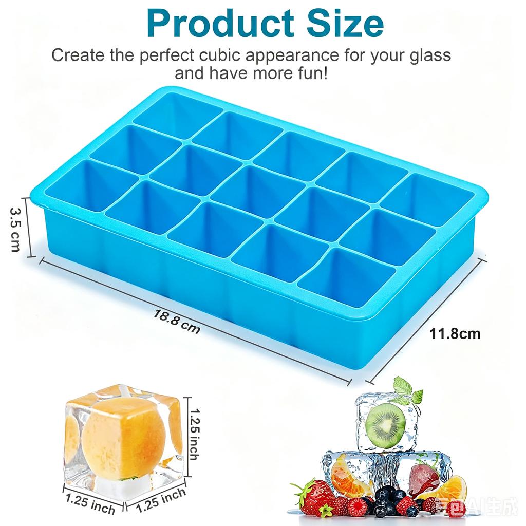 15 Grids Ice Cube Trays 100% Food Grade Silicone Ice Molds Easy Release Flexible Ice Cubes Mould with Lid for Whiskey Cocktail