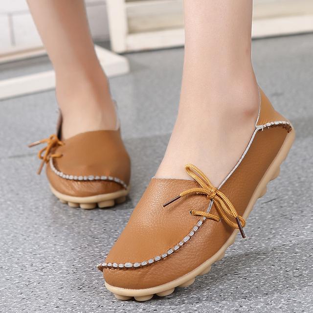 New Moccasins Women Flats  Autumn Woman Loafers Genuine Leather Female Shoes Slip On Ballet Bowtie Women 'S Shoes Big Size