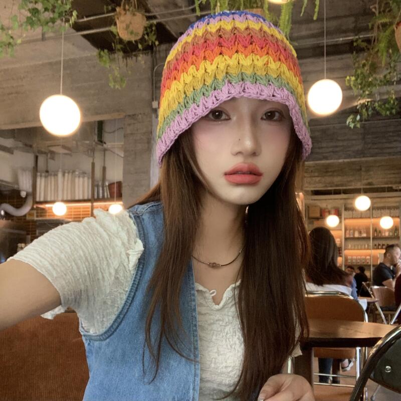 Радужная плетёная шляпа-ведро C2 Фиолетовая VIOLET