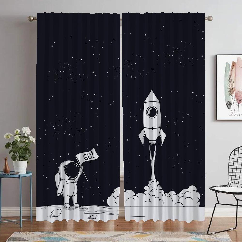 Astronaut Printing Kitchen Curtains 2 Pieces Anti-mosquito Curtains for Living Room Curtain Halloween Decoration Shades Blackout