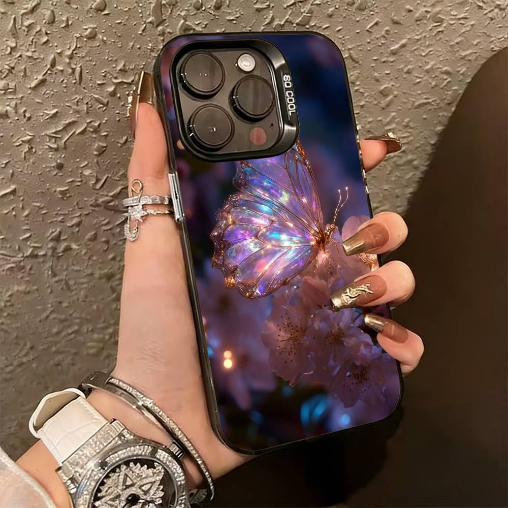 G-Glow In the Dark B-butterfly  Phone Case For iPhone 17,16,15,14,13,12,11 Plus,Pro Max,XS,Colored Silver Plated Inside Cover