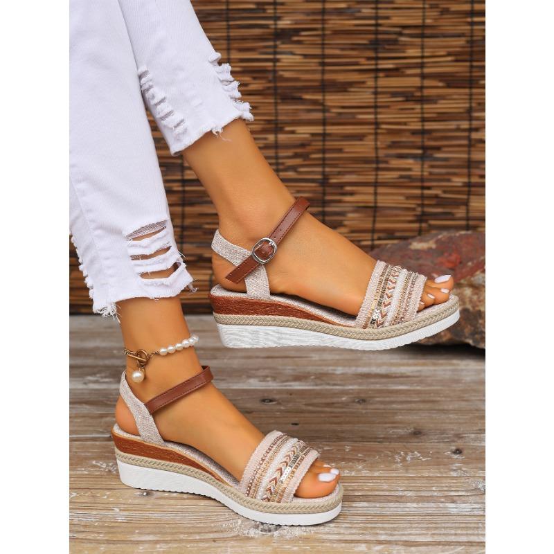 Women's Summer Plus Size Hemp Rope Sole Muffin Roman Style Platform Sandal Women's Buckle Wedge Heel Fish Mouth