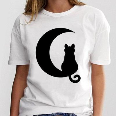 Tee Top Summer Women Moon Cat Lovely Sweet New Print Fashion Tshirt Short Sleeve Lady Female Clothing Casual Graphic T-shirt