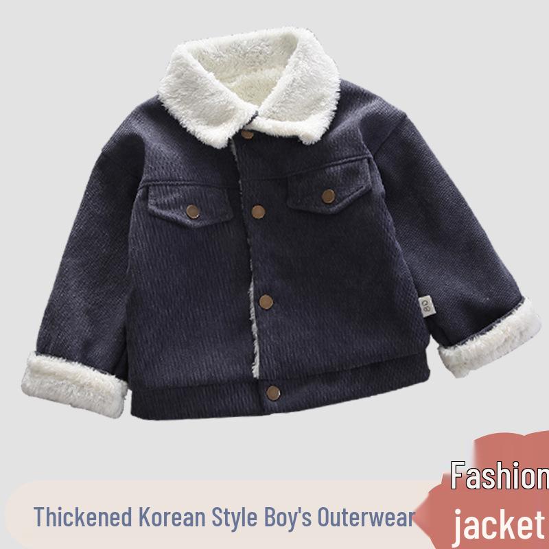 Boys' Fleece-Lined Plaid Cotton Jacket - Korean Style, Single-Breasted, Solid Color