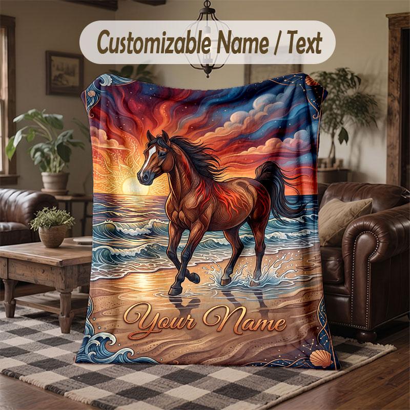 Horse Theme Throw Blanket Custom Name Text Personalized Blanket Soft Cozy Blanket for Home Sofa Bed