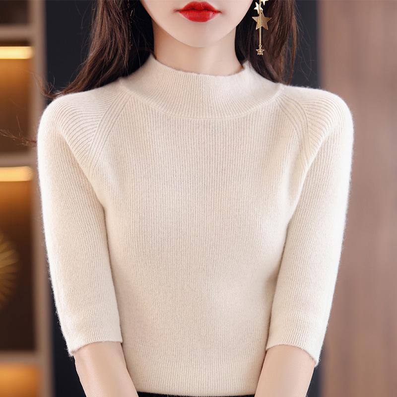 

Женский трикотажный топ с рукавами реглан облегающего кроя: Полувысокий воротник с рукавом пять четвертей, повседневный, универсальный слой для весны/лета. XXL fits 130-145 jin