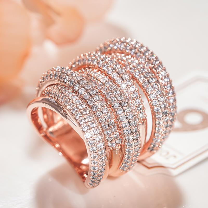 Huitan Multi-layer Women Ring Rose Gold Color Inlaid Shiny Cubic Zirconia Party Statement Accessories for Wedding Chic Jewelry