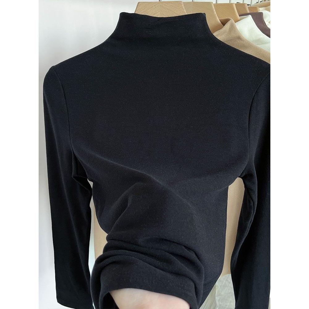 Women's Fleece-Lined Half-High Collar Long-Sleeve Base Layer Shirt, Versatile & Tight-Fitting for Autumn/Winter.
