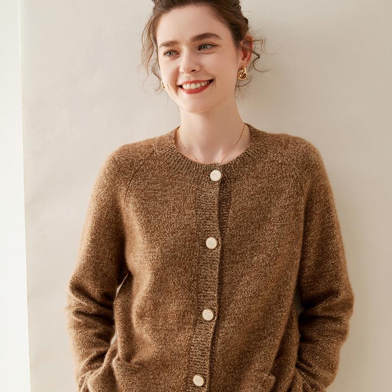 Women's Thickened Cashmere Cardigan - Autumn/Winter, Long Sleeve, Round Neck, Loose Fit, Single-Breasted Knitwear.