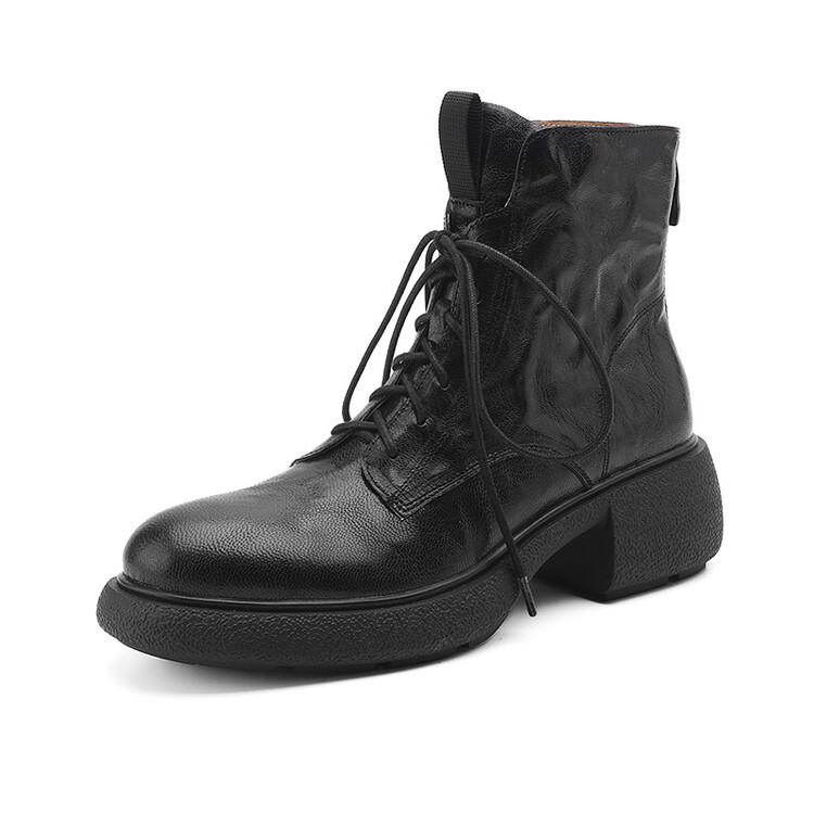 Fashion NEW Autumn/Winter Women Boots Genuine Leather Shoes for Women Round Toe Chunky Heel Shoes Lace-up Riding Boots Black Ankle Boots