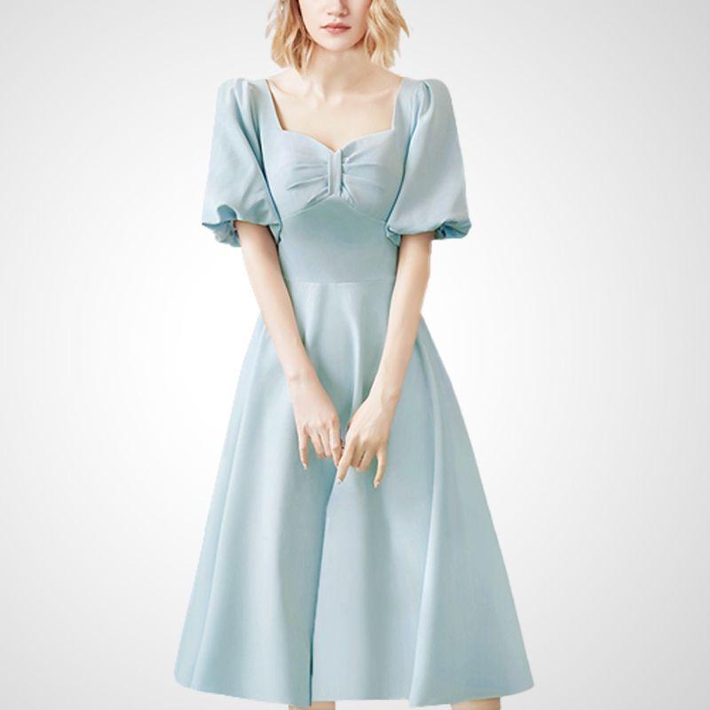 

French Style Elegance Special-Interest Design Fancy Dress 2025 Summer New Arrival Temperament Waist-Controlled Slimming Tea Break Dress Light blue S