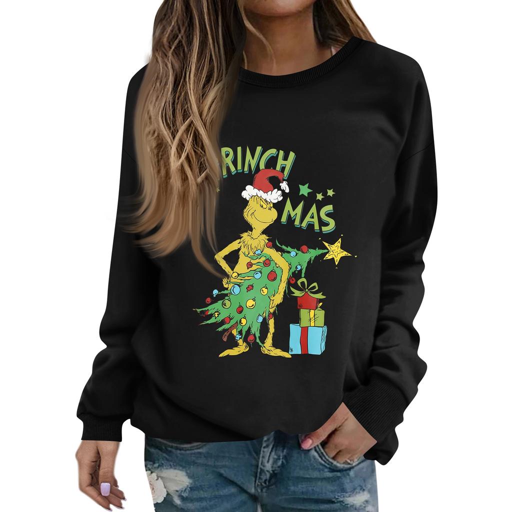 Women's Fashion Casual Long Sleeve Solid Color Christmas Printed Round Neck Top Sweatshirt