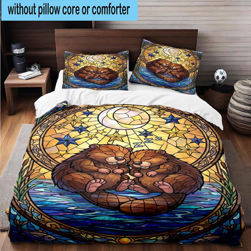 Starry Groundhog Illustration 3pcs Bedding,Including 1pc Duvet Cover And 2pcs Pillowcases Perfect for Christmas,Ideal for Bedroom, Dormitory