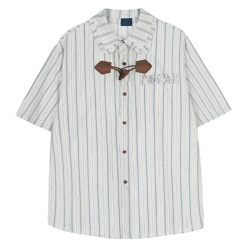 American retro striped leather buckle design short-sleeved shirt men s short-sleeved summer new Japanese trendy brand design top M