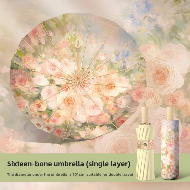 

Женский зонт от солнца и дождя с масляной живописью, цветы, 16 спиц, защита от УФ-лучей, ткань понжи, складной, с цветным покрытием full-fiber&16K зелёный