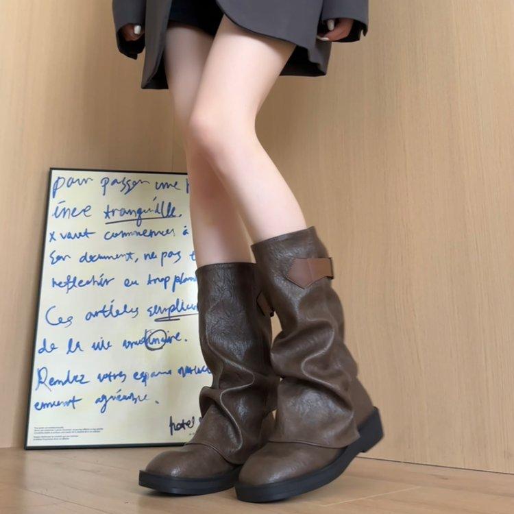 Cowhide Version~ Pleated and Thin Stacking Boots Women's Retro Style Old Thick-soled Western Boots Merard Sleeve Pant Tube Boots