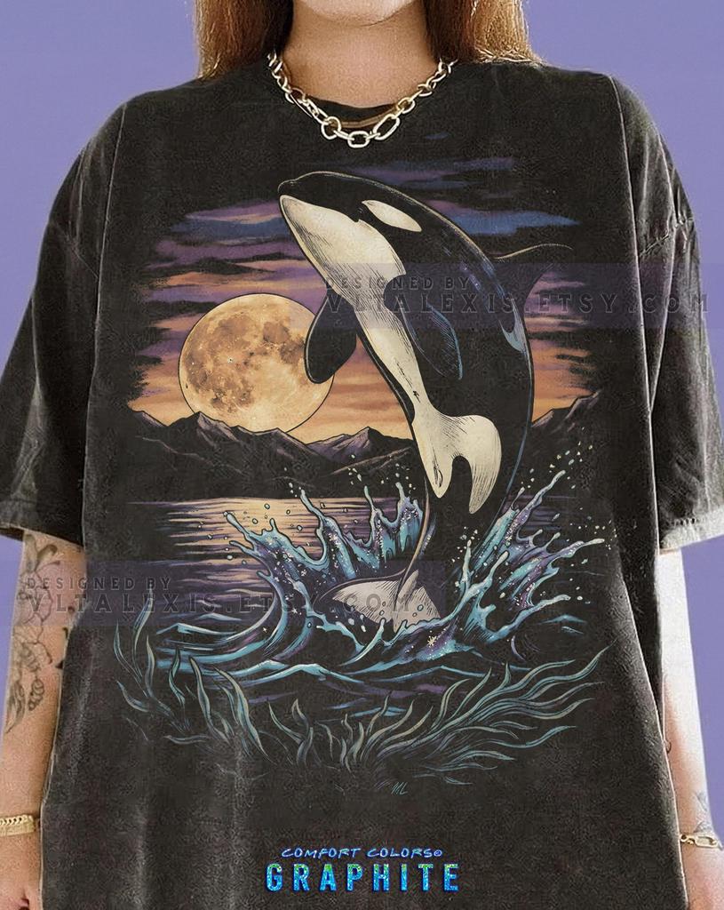 Orca Killer Whale Jumping Whale Ocean Life Moonlit Night Comfort Colors® Tshirt, Vintage Bootleg Style Sea Animal Lover Nautical Splash Tees