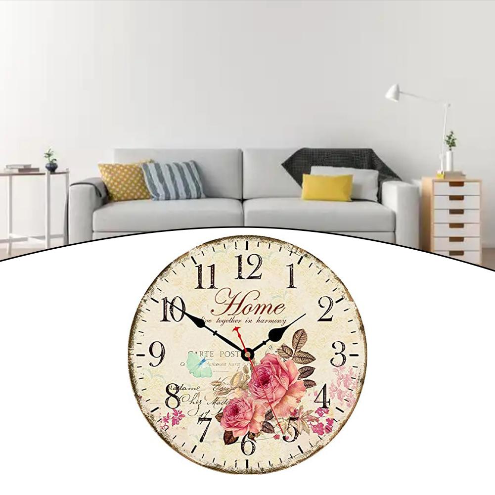 Silent Wooden Wall Clock 30cm with Floral Design Suitable for Home or Office Decor Large Arabic Numerals Battery Operated