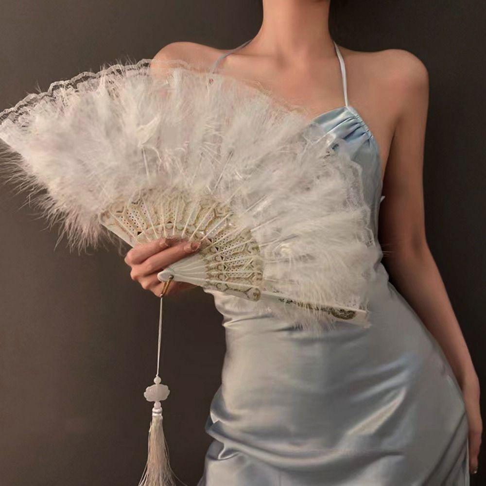 Multicolor Hand Fan Lace Wedding Party Bride Fan White Fur Folding Fan  Hand Held Party Decoration
