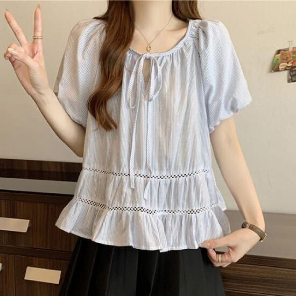 Navava Women Lovely Stripe Ribbon Neck Puff Short Sleeve Blouse Nb2639