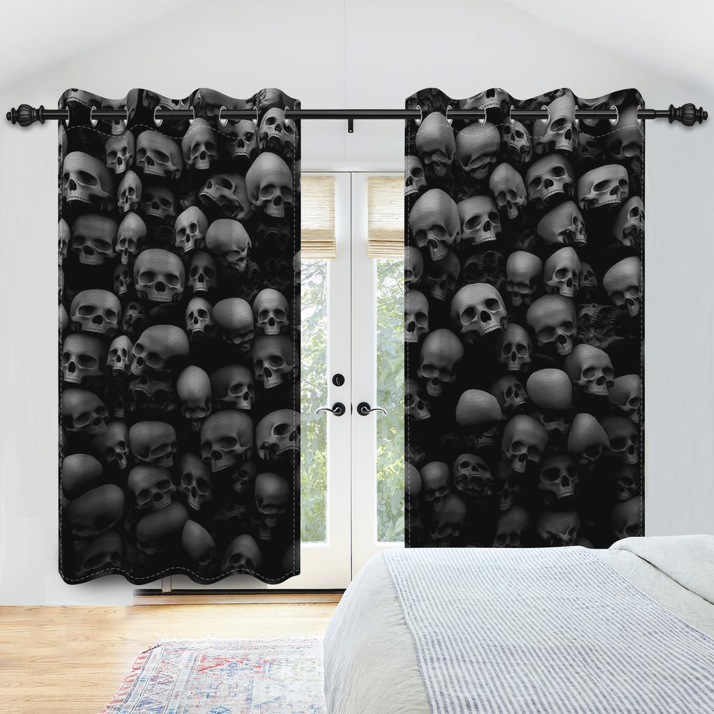 2pcs/set Skeleton Skull Black Window Curtain Horror Halloween Haunted House Home Bedroom Decor Blackout Polyester Fabric Curtain
