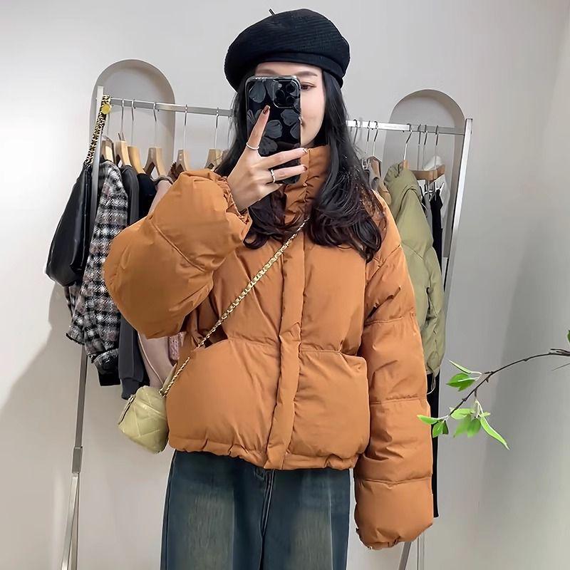 Women's Short White Duck Down Puffer Jacket, Autumn/Winter Korean Style, Loose Fit, Small Size Bread Coat Outerwear