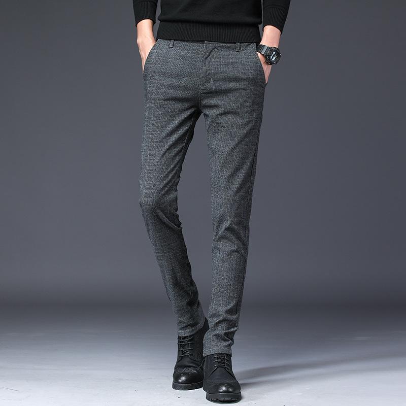 Men's Slim-Fit Black Plaid Cotton-Linen Autumn Casual Waffle Trousers
