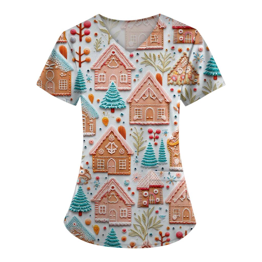 Women's Fashion Printed Short Sleeve V Neck Pattern Tops Pocket Working T-shirts