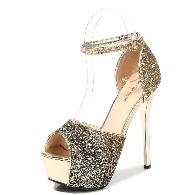 

Празднуйте Летние Женские Босоножки с Открытым Носком Градиентного Цвета на Платформе Блестящие с Пайетками Высокие Каблуки 14 см Шпилька Клубная Обувь для Танцев на Пилоне 34 золотой